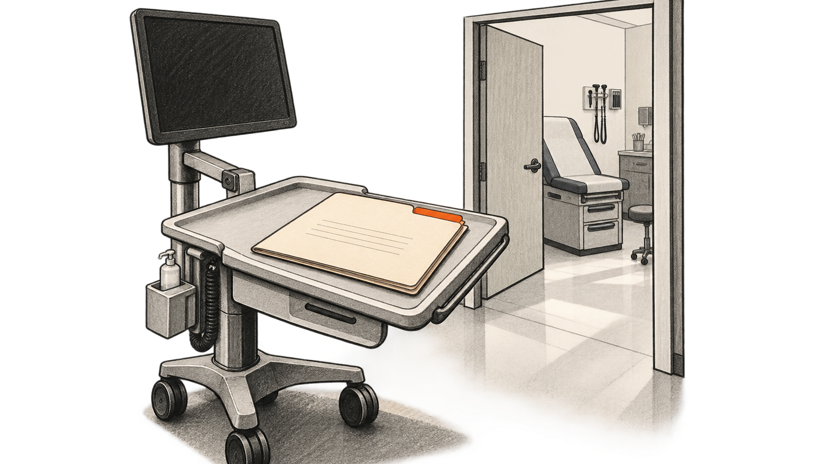 Conceptual charcoal illustration of a clinical workstation holding a closed folder beside an empty outpatient exam room.