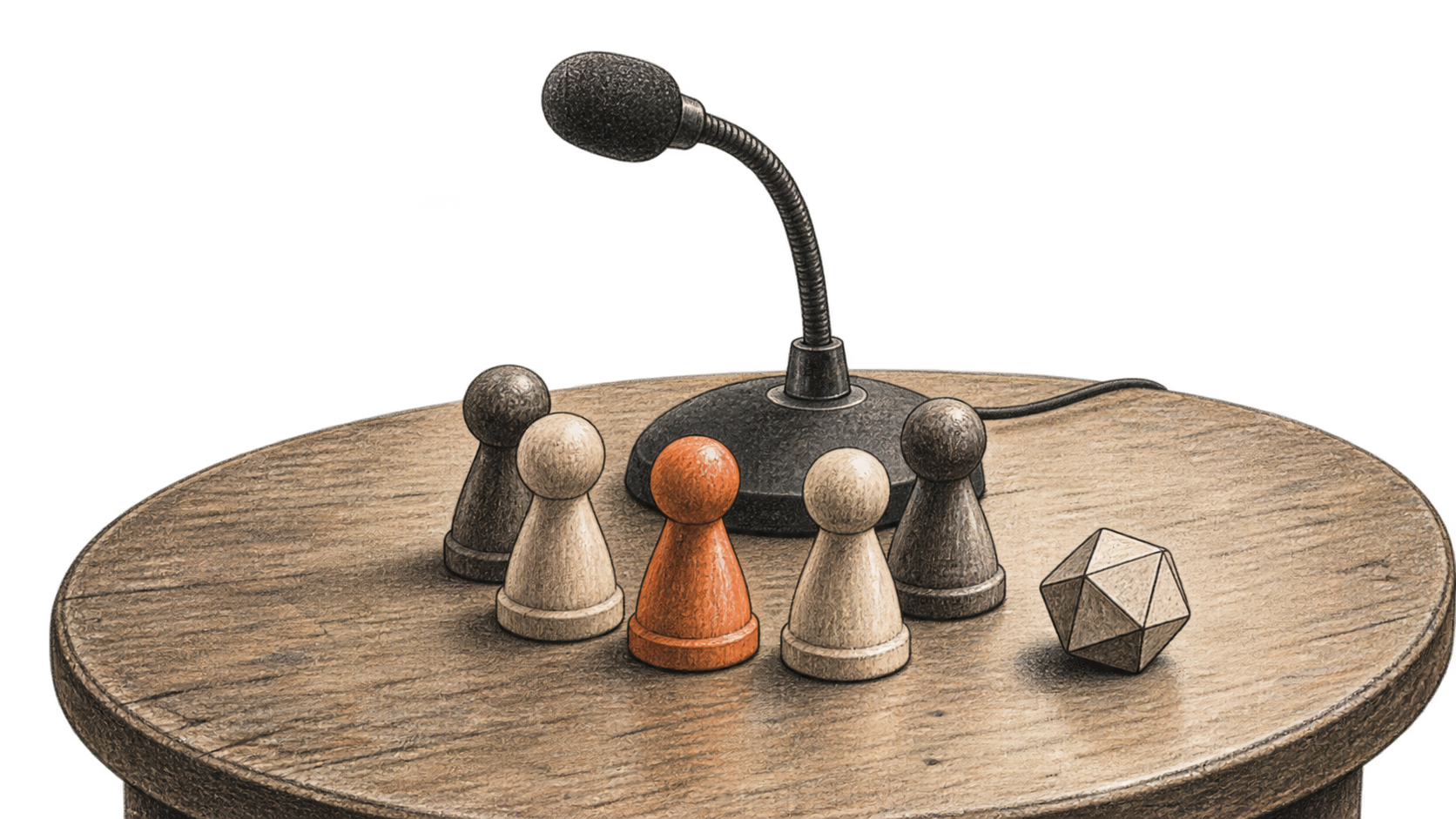 Five wooden game pawns gathered in front of a tabletop microphone, with a blank polyhedral gaming die beside them.