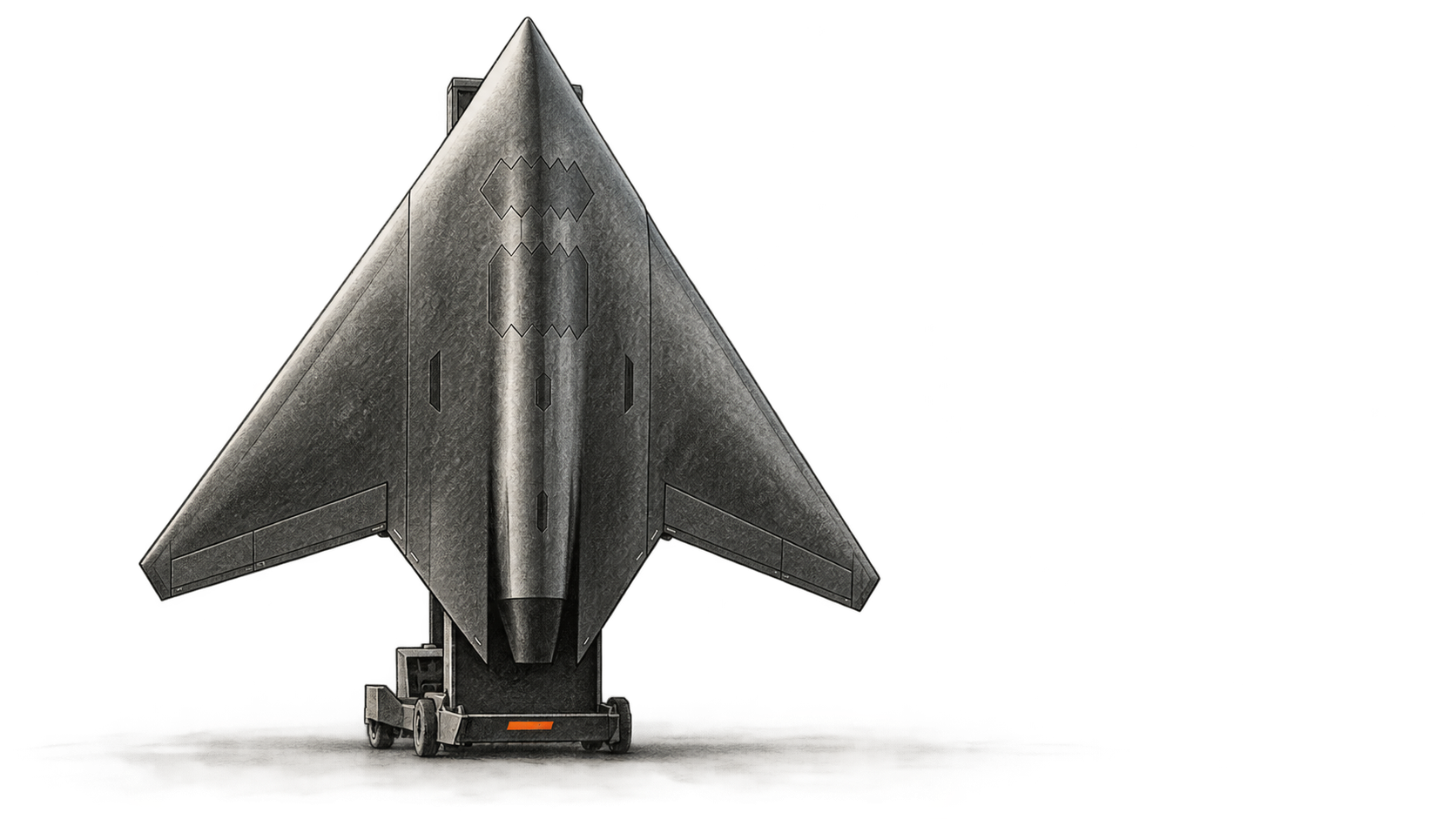 Conceptual charcoal study of X-BAT's delta-shaped design standing nose-up on a wheeled support.