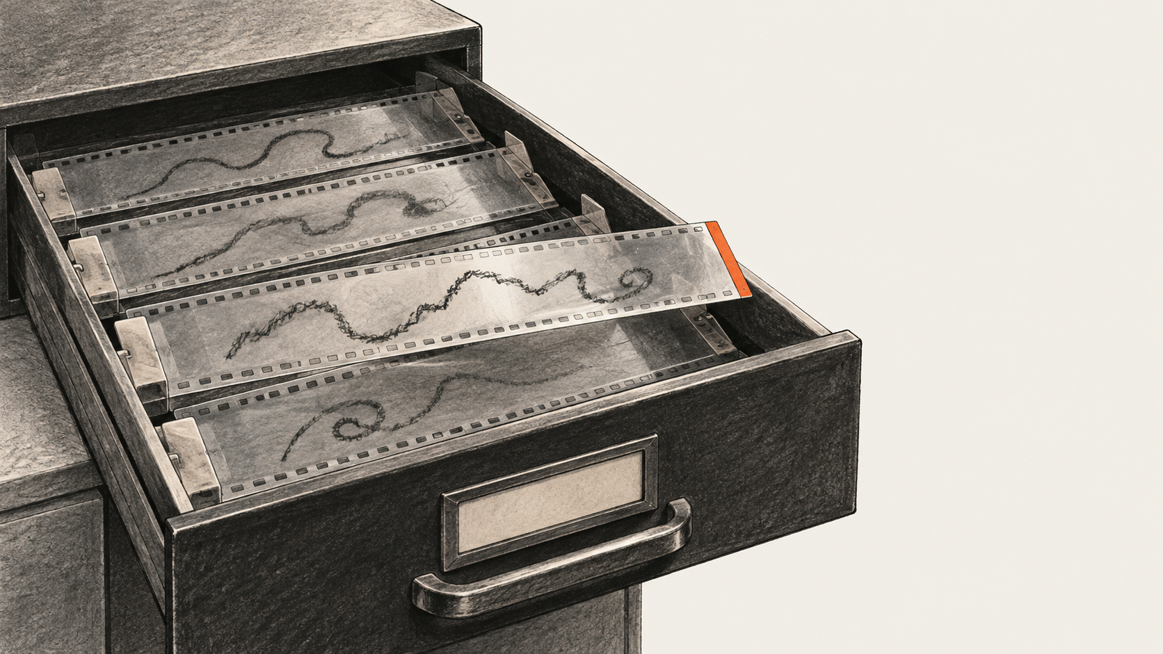 Several transparent film strips with unlabelled movement traces sit in a shallow archival drawer; one strip is picked out in orange.