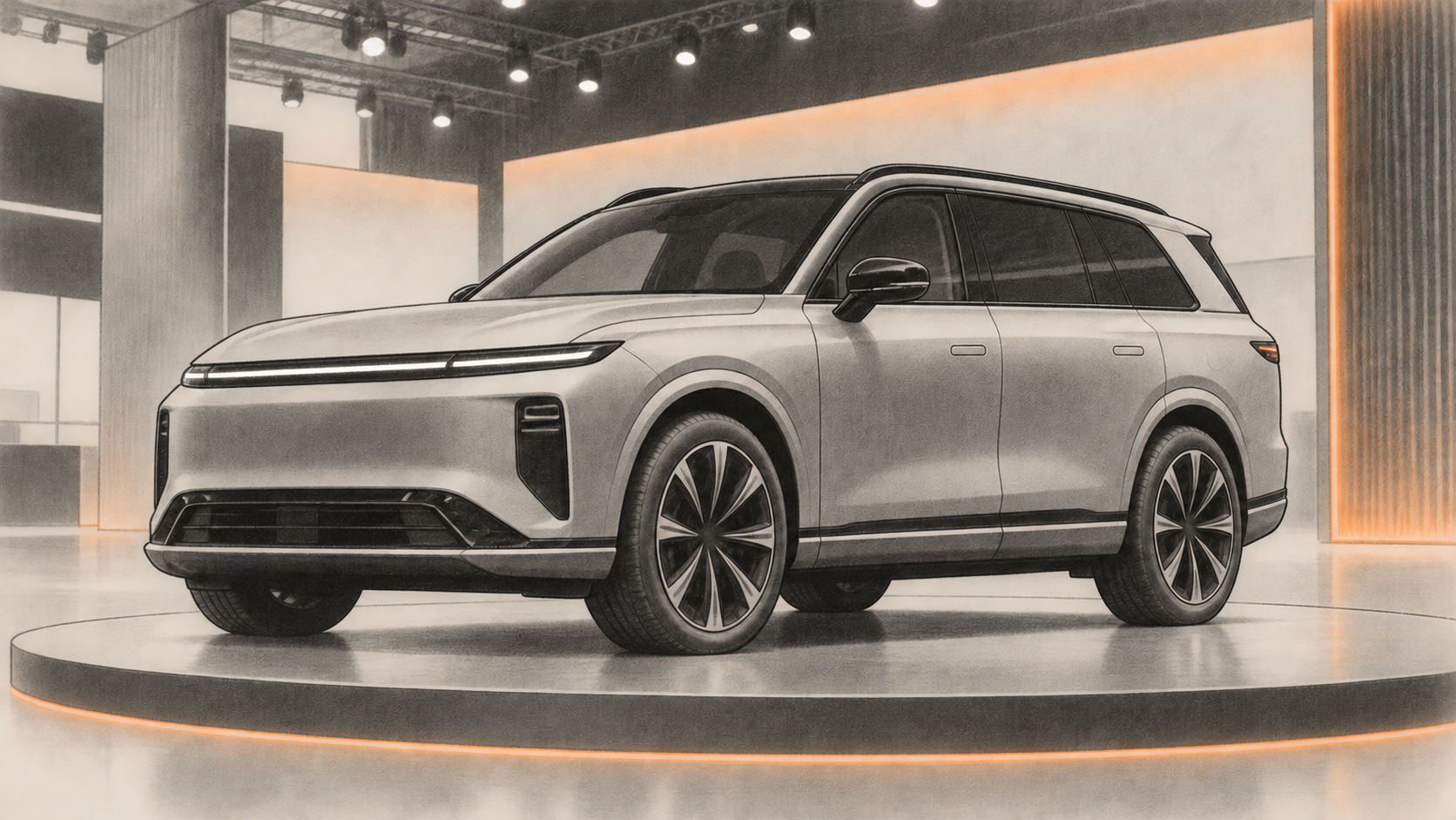 Conceptual charcoal illustration of a large unbranded SUV standing on an indoor motor-show display platform.