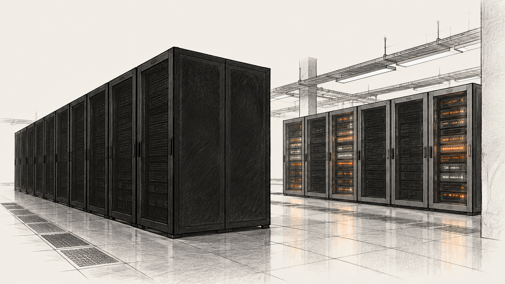 Illustration of two generic server-rack banks in a data-center aisle, one unlit and one partly lit.