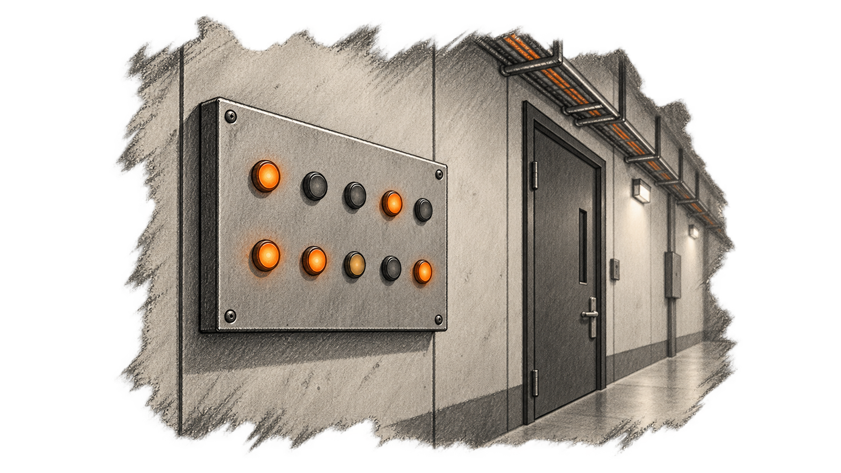 Conceptual charcoal illustration of an unlabeled wall-mounted panel with some orange indicator lights lit and others dark beside a closed equipment-room door.
