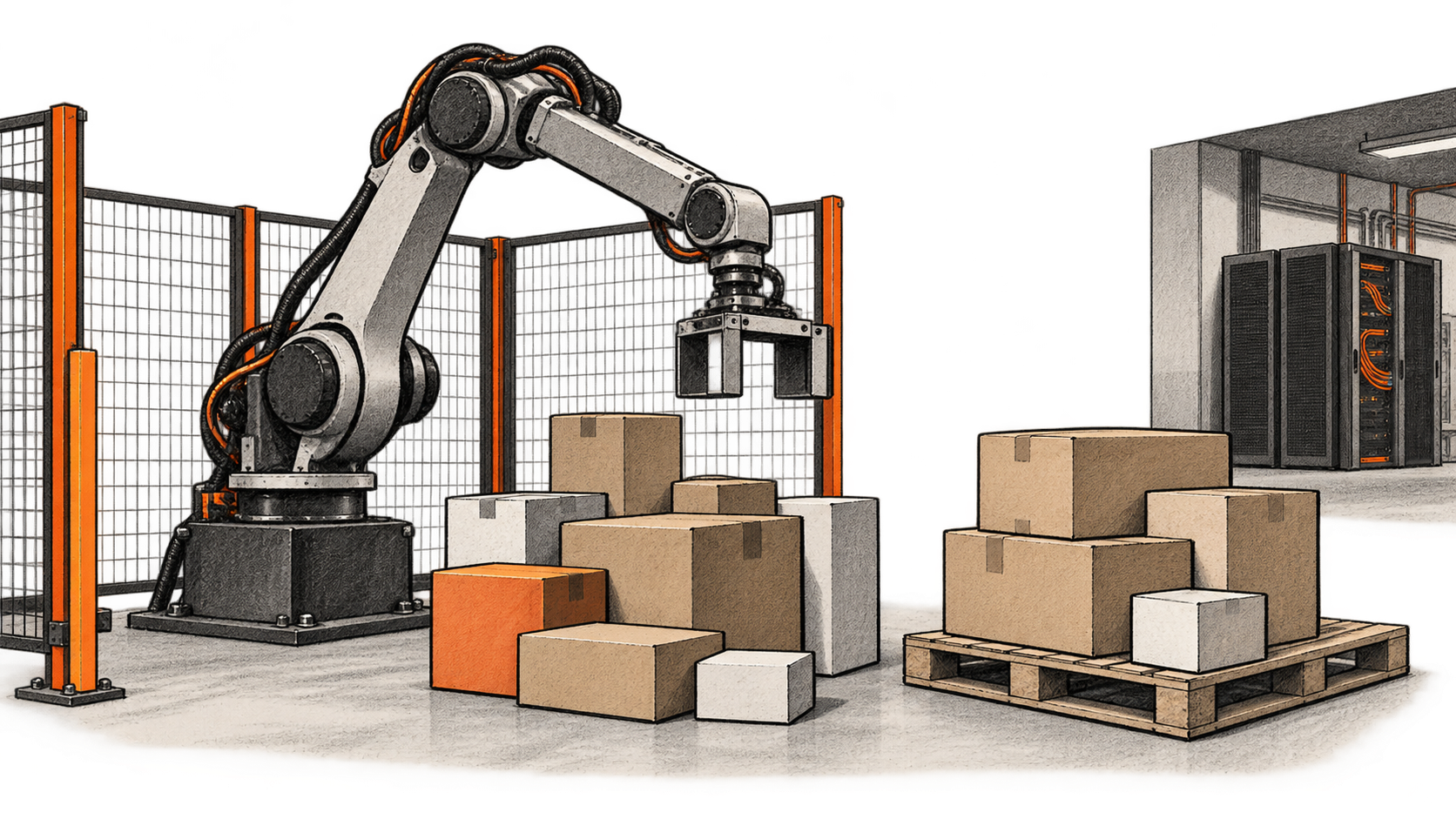 Conceptual illustration of an unbranded industrial robot arm beside cartons of different sizes and a pallet, with a separate equipment cabinet in the background.