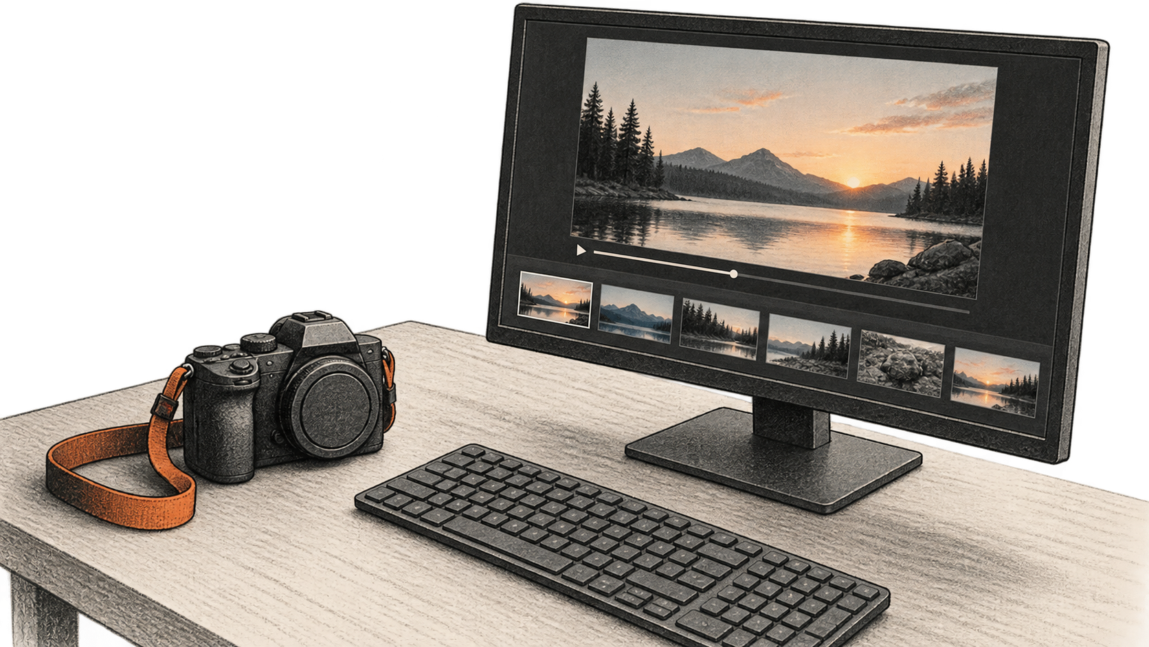 A camera and keyboard sit on a desk beside a monitor showing a generic paused landscape video in a conceptual illustration.