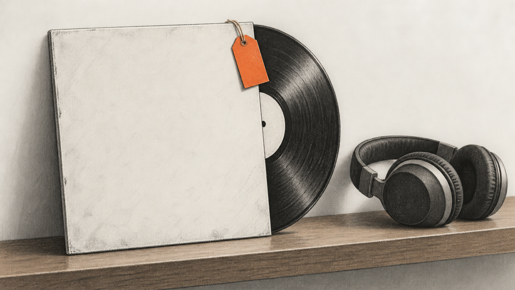 Conceptual charcoal illustration of a blank music sleeve with a partly exposed record and an orange blank tag, beside unbranded headphones.
